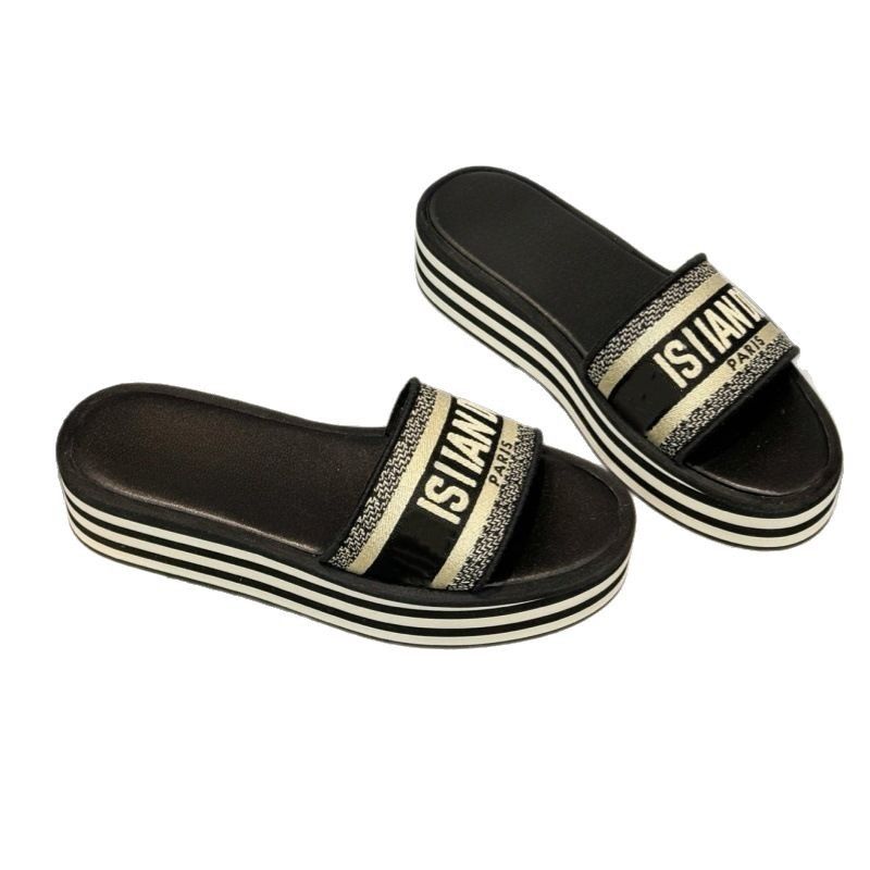 D 5Cm 2025 New Style Letter Thick Bottom Embroidered Color Blocked One Word Cool Slippers For Women Wearing Outside_voghion.com
