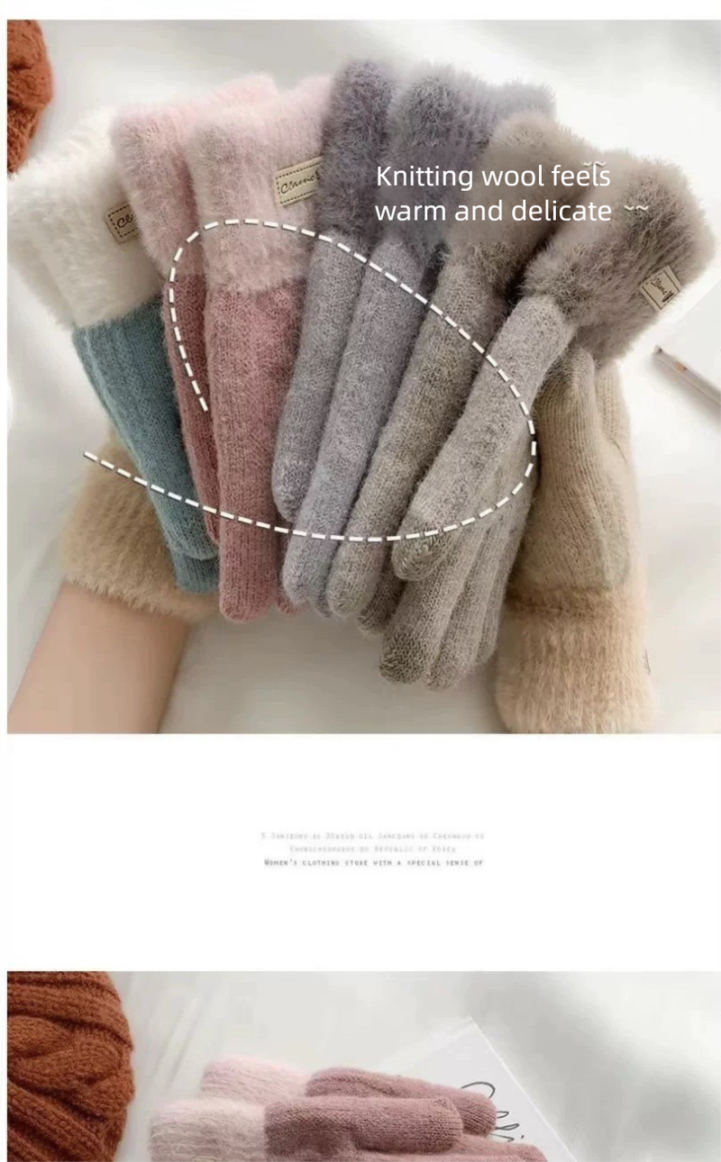 Guantes de lana de doble capa con cinco dedos para pantalla táctil, de felpa, para mujer, otoño-invierno, cálidos guantes de ciclismo de punto._voghion.com