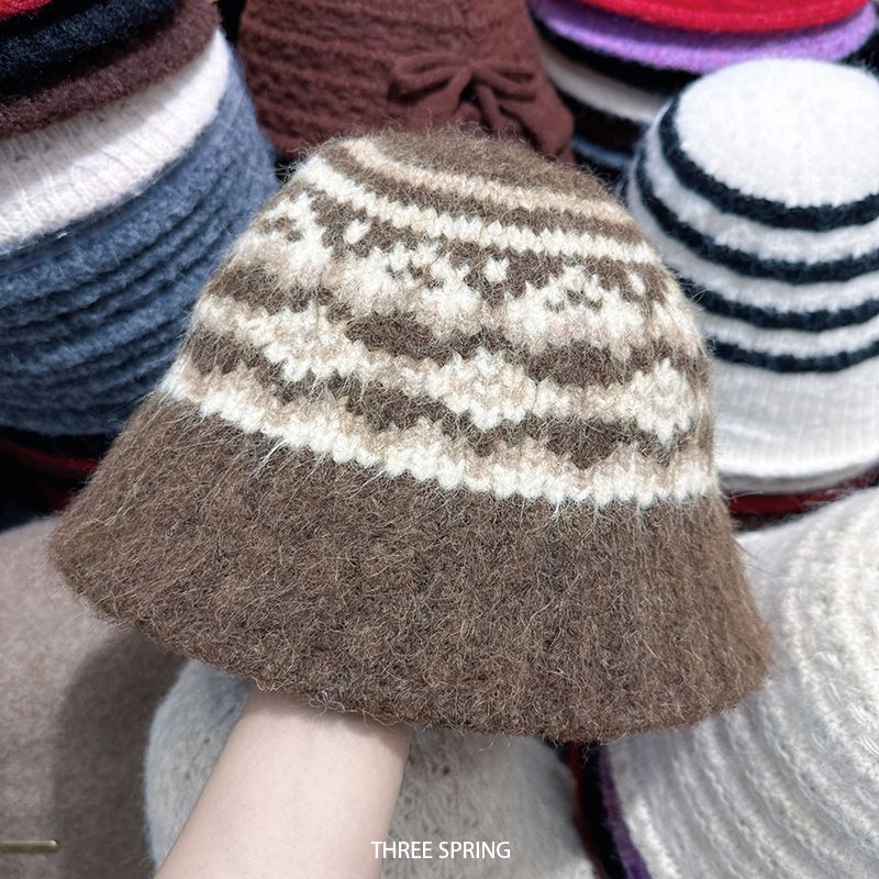 Cappello da pescatore in maglia stile Fair Isle autunno inverno 2025 per donna, caldo cappello da pescatore in peluche con protezione per le orecchie_voghion.com