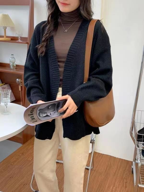 Cardigan da donna in stile vintage francese K, nuovo, in maglia grossa, ampio e comodo, di media lunghezza._voghion.com