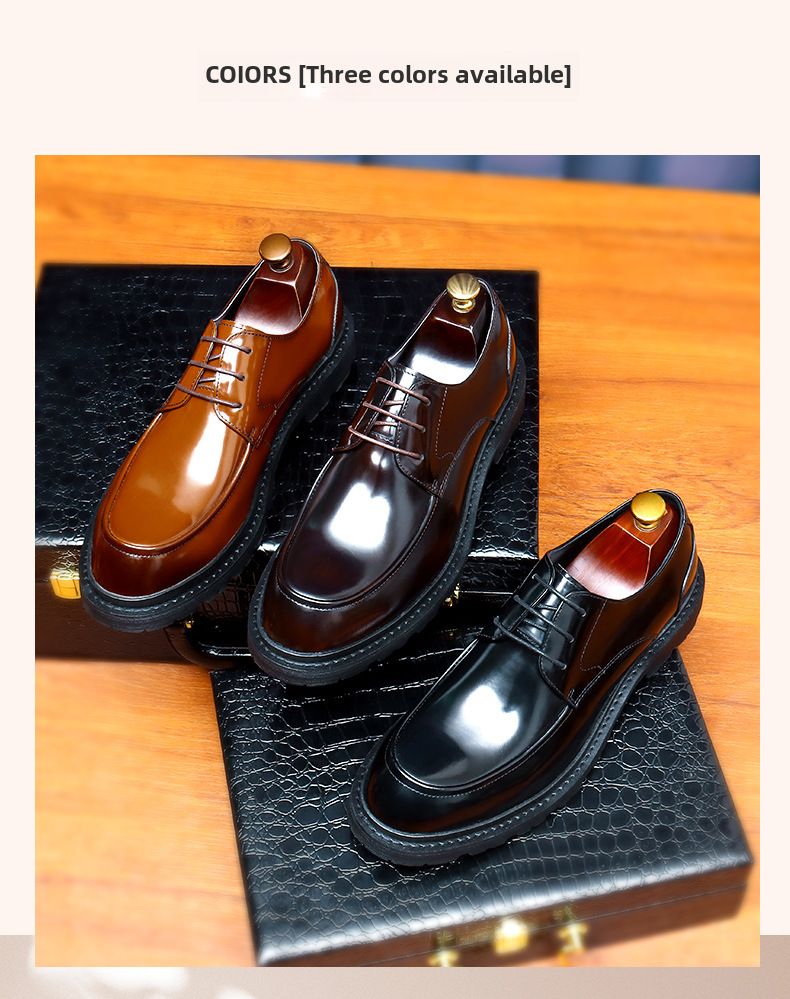 Business Lederschuhe für Männer formelle Leder runder Kopf lässig hellbraun dicke Sohlen erhöhen großen Kopf Derby Schuhe_voghion.com