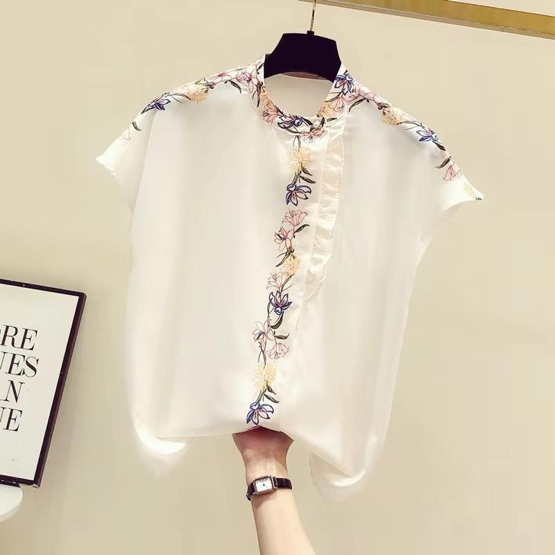 Damenbekleidung Bluse aus Seidenimitat, feminin, modisch, Stehkragen, kurzärmliges Oberteil_voghion.com