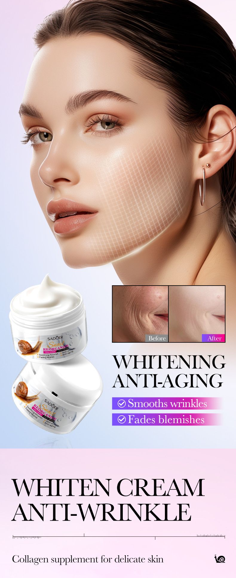 Cream SADOER Snail Recombinant Collagen 6-piece Set, Essence Facial Cleanser Eye Mask, Cream, Moisturizing_voghion.com