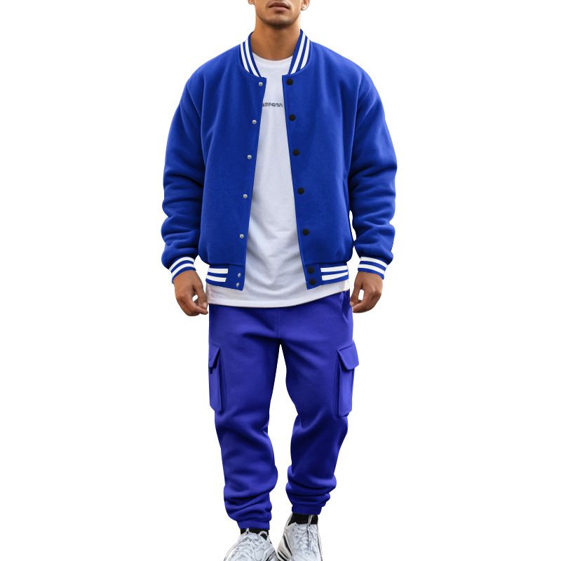Autumn Winter American Style Stand Collar Baseball Jacket With Fleece Lined Pants Loose Fit Men's Sports Suit_voghion.com
