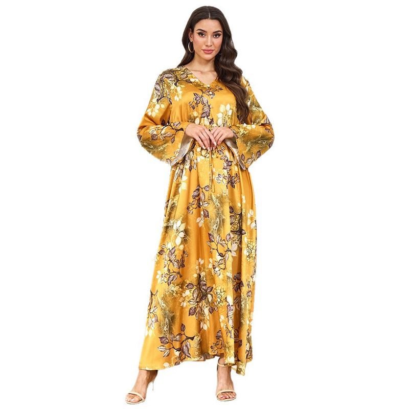 Robe Clothing Factorys nya tryckta gula midjebantande långärmade klänning för kvinnor_voghion.com