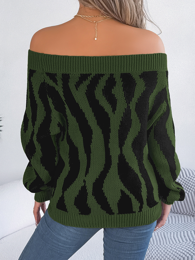 2023 Herbst Winter Casual Color-Block Off-Shoulder Laterne Ärmel Pullover Damenmode_voghion.com