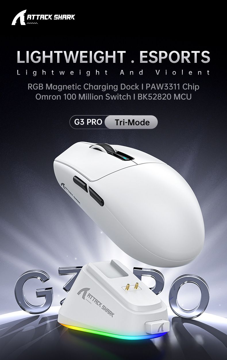 Mouse ATTACK SHARK G3PRO leggero per giochi e-sport, caricabatteria da sedile RGB Bluetooth wireless a tre modalità_voghion.com