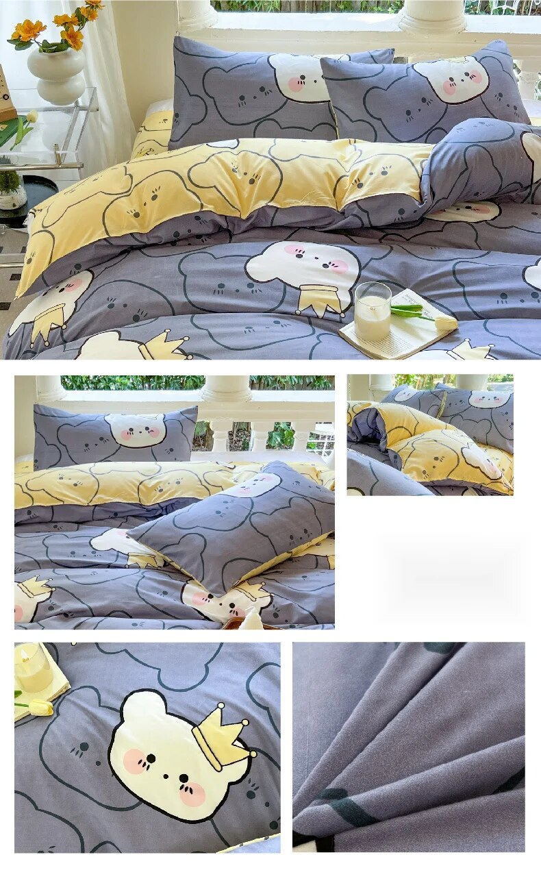 Piccole e fresche quattro lenzuola e copripiumini, dormitorio studentesco primaverile con tre set di biancheria da letto in cartone animato a pezzo unico_voghion.com