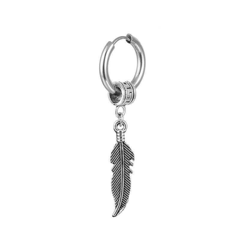 Pendientes de aro de acero de titanio con plumas, estilo hip hop callejero, colgantes de moda, joyería_voghion.com