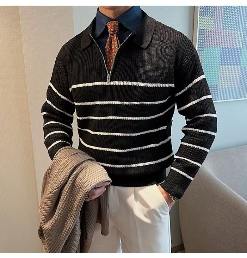 Maglione lavorato a maglia da uomo alla moda – Pullover a righe con mezza zip e vestibilità comoda (M-3XL, nero/blu navy)_voghion.com