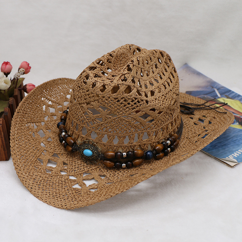 Hand-woven hollowed-out horseflower beach sunshade hats for men and women with cuffed cowboy hats_voghion.com