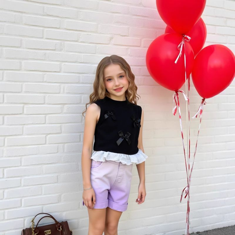Girls Korean Style Bow Vest Summer New Style Sweet Stitching Lace Sleeveless T Shirt Denim Shorts Suit_voghion.com