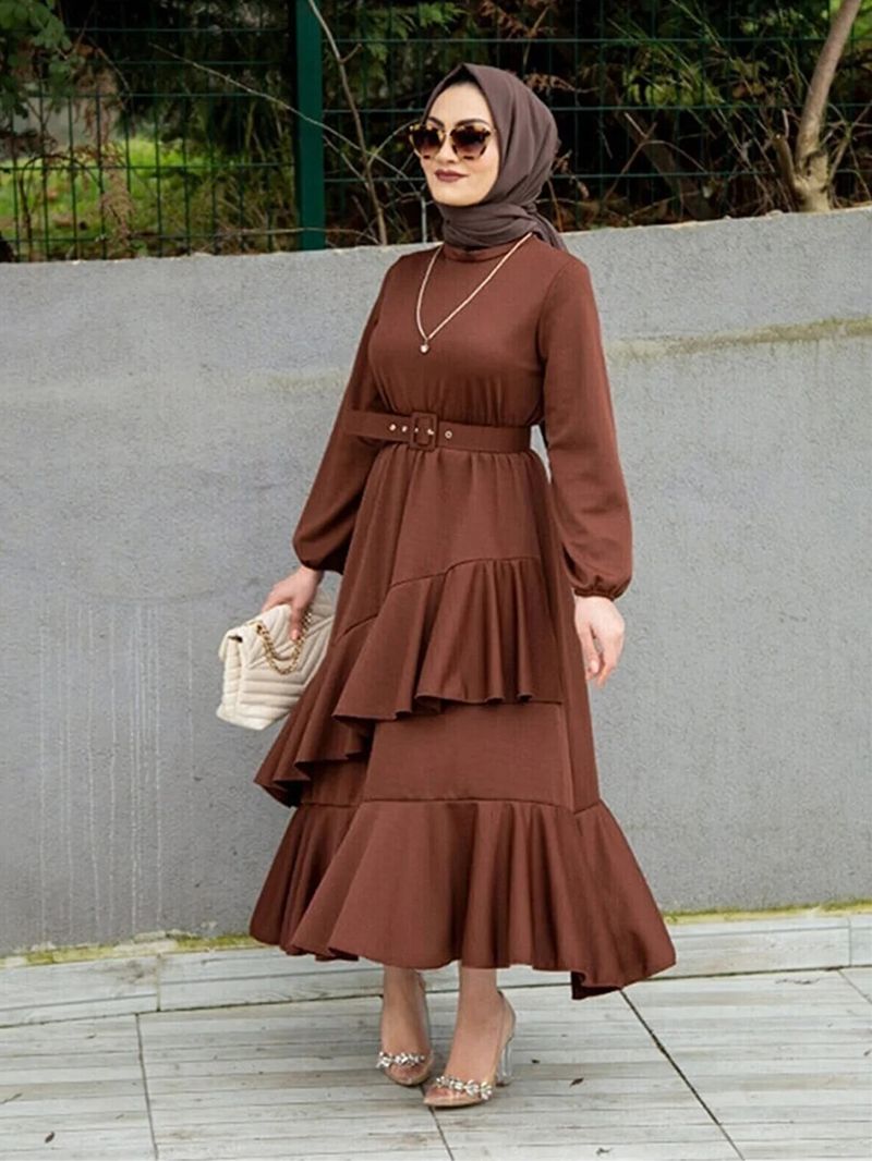2207 # Türkiye Langes muslimisches Tunikakleid mit zwei Lagen Rüschen für Damen_voghion.com