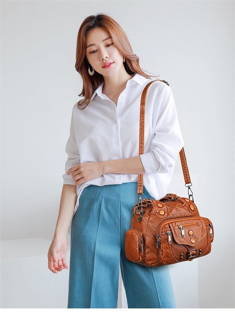 Borsa da donna in pelle lavata di alta qualità, borsa tote in morbida pelle con rivetti retrò, borsa a tracolla multitasche di grande capacità_voghion.com