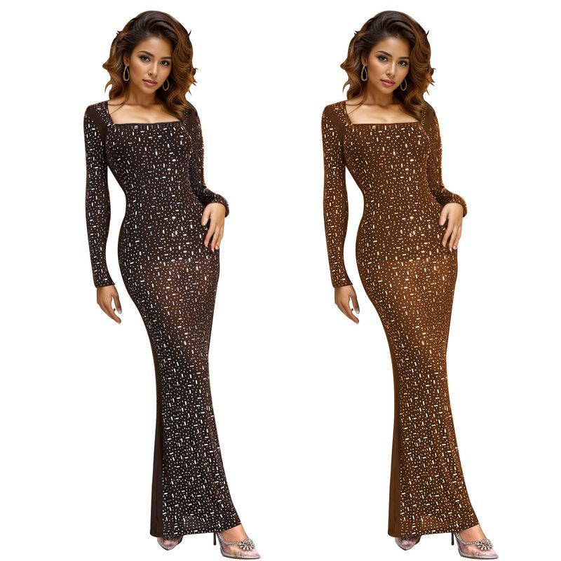 Robe de soirée moulante élégante et sexy à manches longues avec strass – Robe ajustée en maille transparente pour fêtes et événements formels_voghion.com