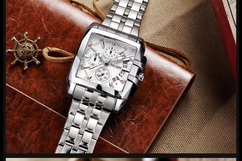 MEGIR Men's Square Watch With Stainless Steel Band, Luminous, Waterproof, Multifunction Sports Watch With Calendar_voghion.com