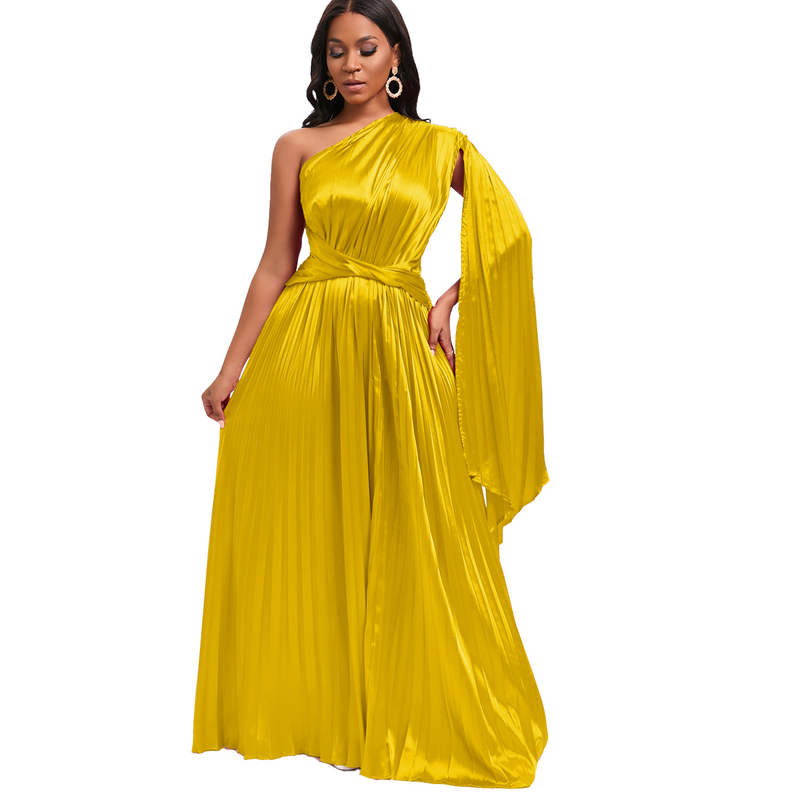 women's clothing new one-shoulder pleated long skirt oblique collar waist dress _voghion.com