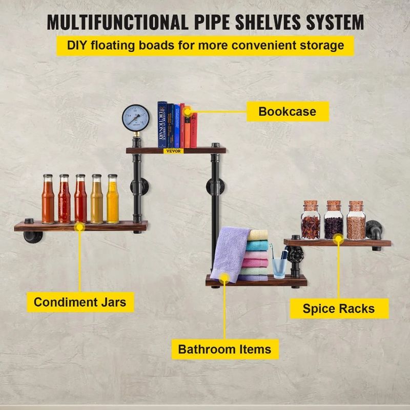 4Tier Shelves Floating Wood Pipe Wall DIY Planks Mounted Bookshelf For Shelving Rustic Industrial Shelves Wall With Pipe Shelf_voghion.com