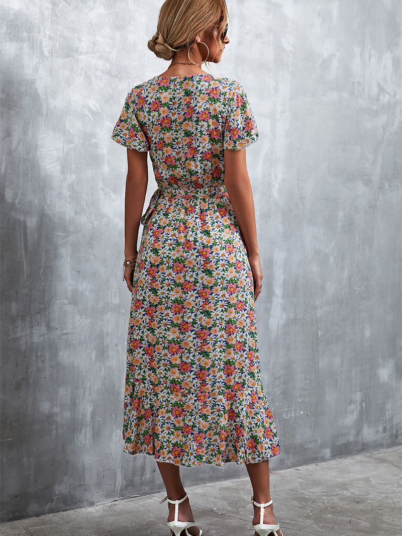 Frühling/Sommer 2022 Neues böhmisches, gekreuztes, geblümtes Kleid mit V-Ausschnitt und Schnürung_voghion.com