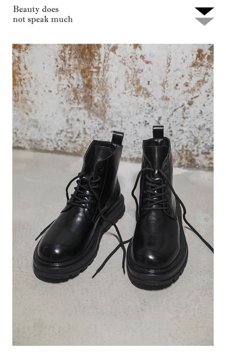 Retro Martin Boots Lace-up Locomotive Tooling Boots Thick-soled High-top Leather Shoes Black Short Boots_voghion.com