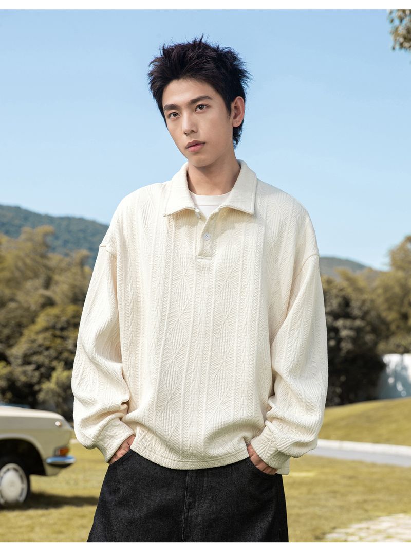 Felpa con colletto polo pesante di ispirazione vintage per uomo - Pullover a maniche lunghe in jacquard testurizzato con stile retrò (nero, bianco sporco)_voghion.com