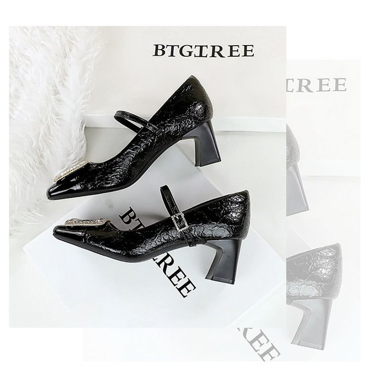 5298-K32 Scarpe da banchetto da donna con tacco medio grosso, punta quadrata, cinturino con fibbia in metallo con diamanti e bocca leggera, con blocchi di colore_voghion.com