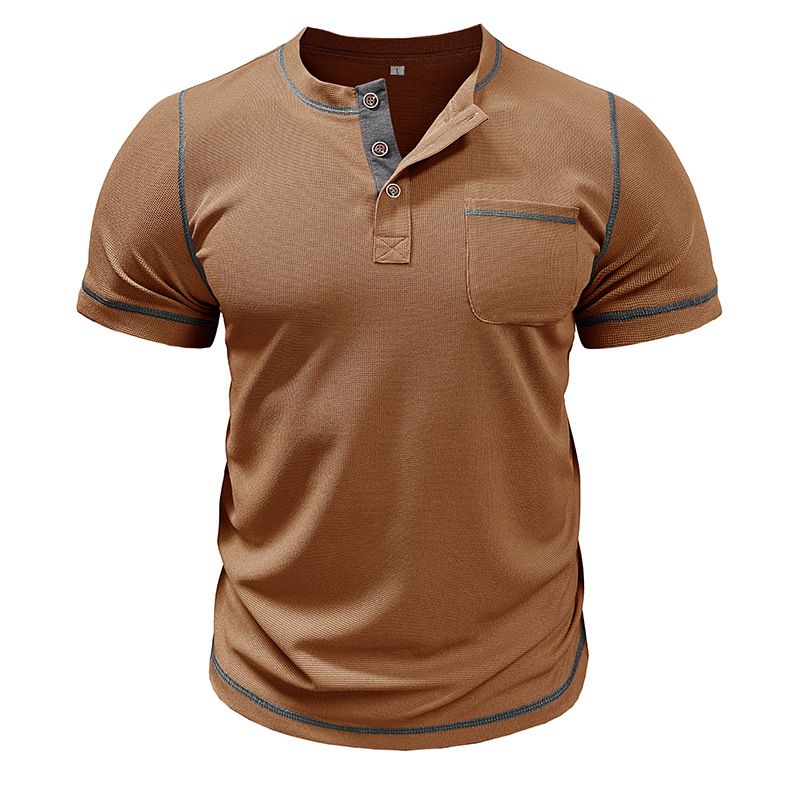 2024 Europäische und amerikanische Herrenbekleidung Rundhalsausschnitt Waffel Henry Kurzarm-T-Shirt Außenhandel Herrenknöpfe Kontrastierende helle Linie Boden_voghion.com
