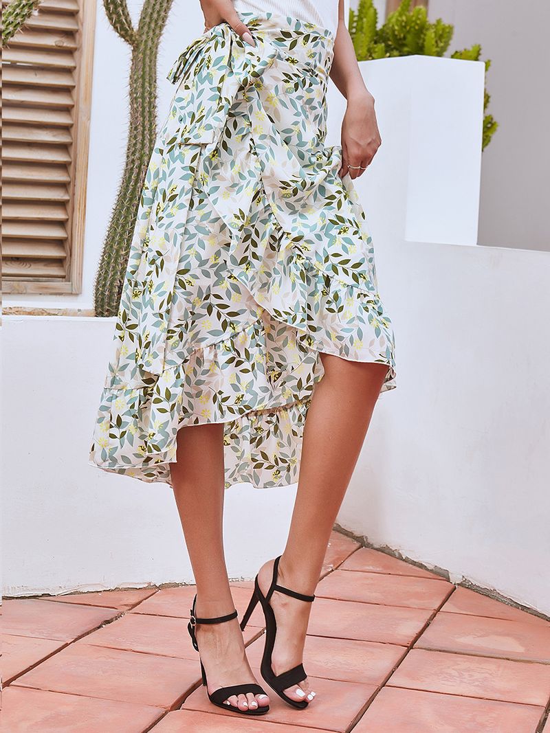 Women's printed strap slit big swing skirt with lining _voghion.com
