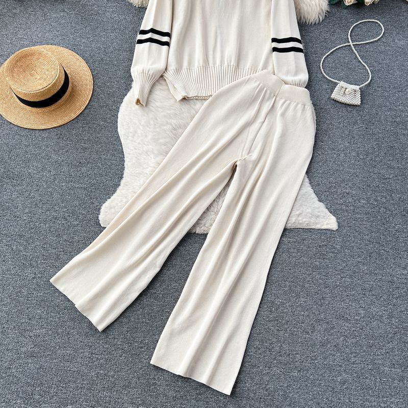 Women's Clothing Hong Kong style chic casual loose versatile knitted cardigan tops women's autumn two piece set high waist slim wide leg trousers_voghion.com