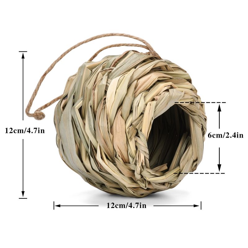 Jaula de pájaros de boca redonda con forma de bola tejida de paja, nido de pájaro, decoración de simulación para jardín al aire libre_voghion.com
