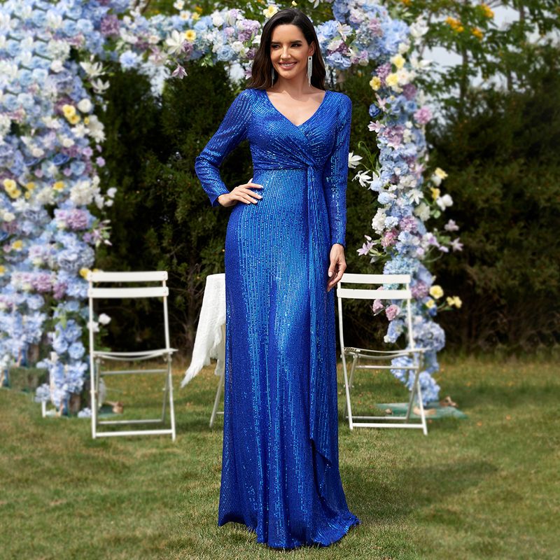 Abito da sera a sirena con scollo a V e maniche lunghe da donna_voghion.com