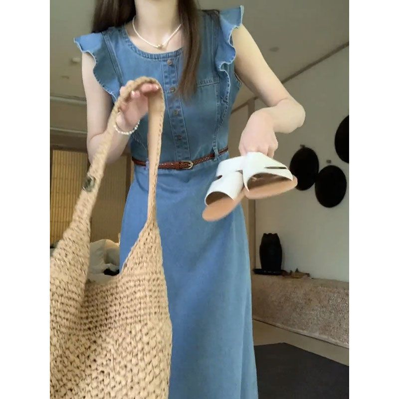 Senso unico del design francese, piccola statura, temperamento squisito, elegante abito in denim, abbigliamento da donna_voghion.com