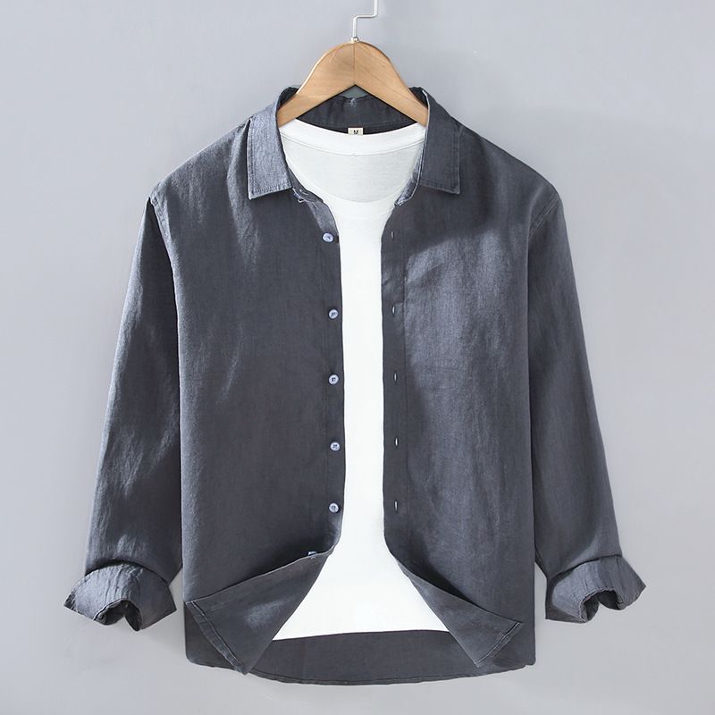 Camicia casual con risvolto da uomo in puro lino di alta qualità, primavera estate, stile oversize, ampia e versatile._voghion.com