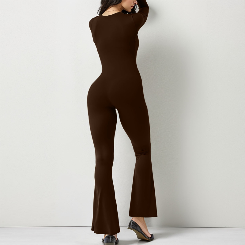 Women's long-sleeved tummy-controlling waist-raising hip-raising square-neck wide-leg high-elastic jumpsuit_voghion.com