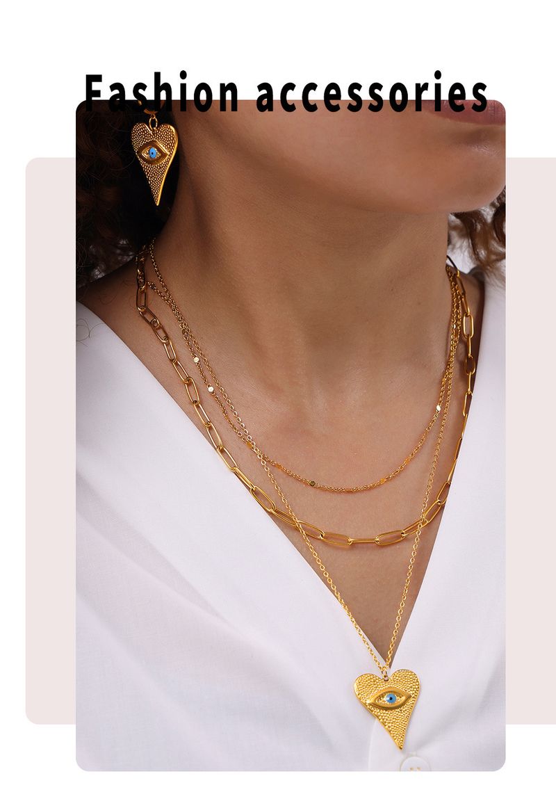 Conjunto de collar, pendientes y collar multicapa con colgante de ojo de diablo en forma de corazón_voghion.com