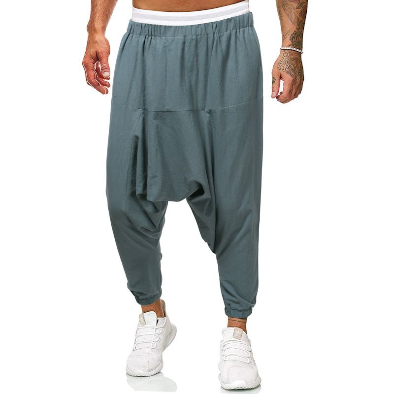 Man's Spring and Autumn fFashion Cotton and Linen Loose Cross-gear Pants Solid Color Beamed Feet Nine-point Pants_voghion.com