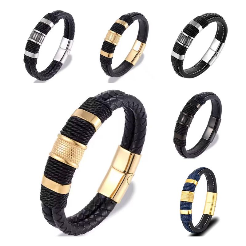 Bracelet punk personnalisé en acier titane, cuir véritable tressé et cuir tressé, style européen et américain, avec boucle magnétique, pour couple homme._voghion.com