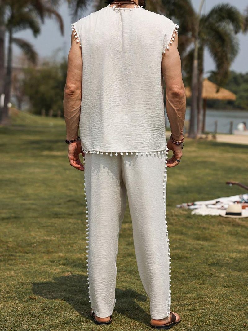 Herrenbekleidung Herren Einfarbig Pelz Ball Dekoration Ärmellose Weste Hosen Anzug INS Meistverkaufte Einfarbig Casual_voghion.com