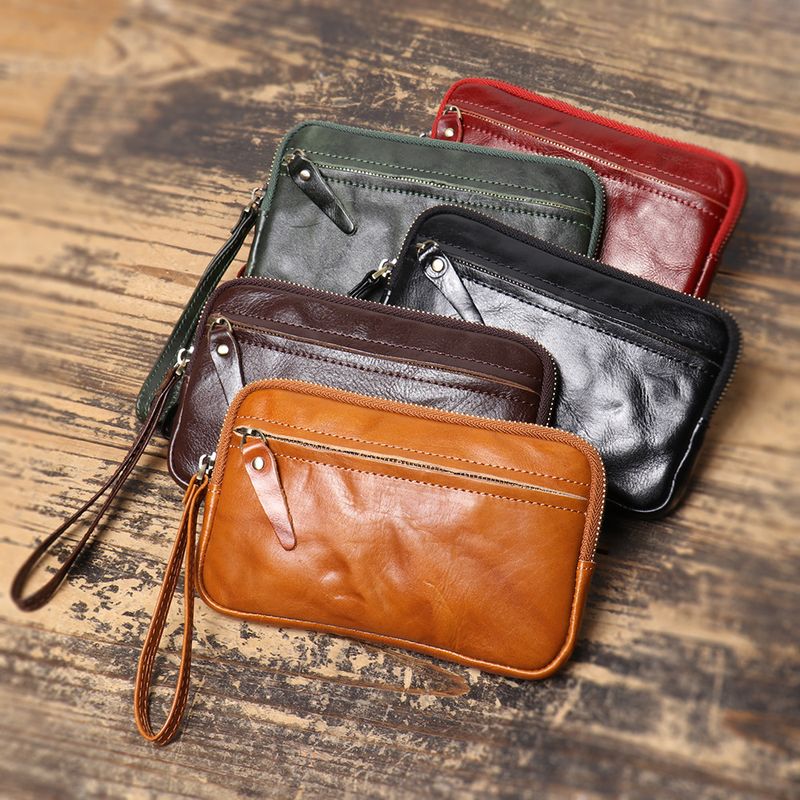 Genuine leather storage bag, key bag, high-end new vegetable tanned leather zipper handbag, cowhide zero wallet, large capacity card bag_voghion.com