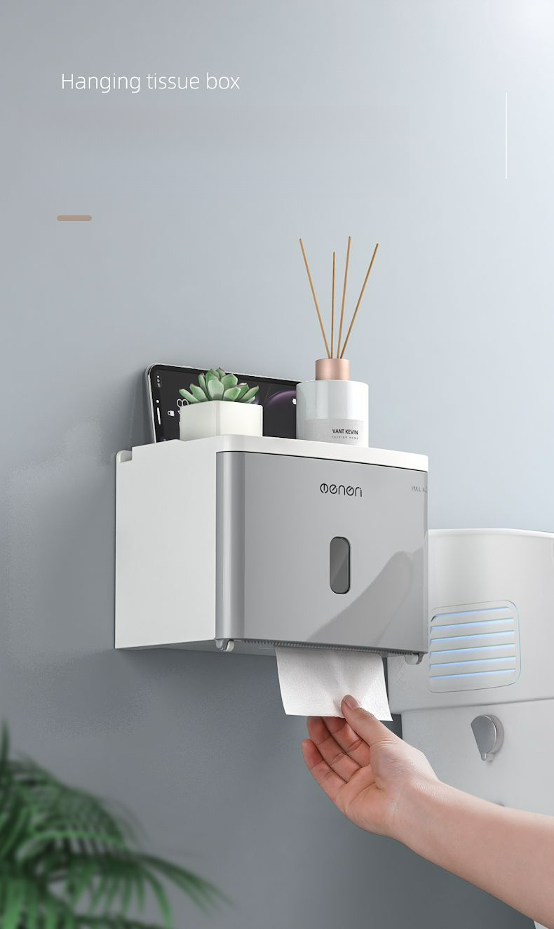 Bathroom Wall-Mounted Waterproof No-Drill Tissue Box Toilet Paper Roll Holder Storage Rack_voghion.com