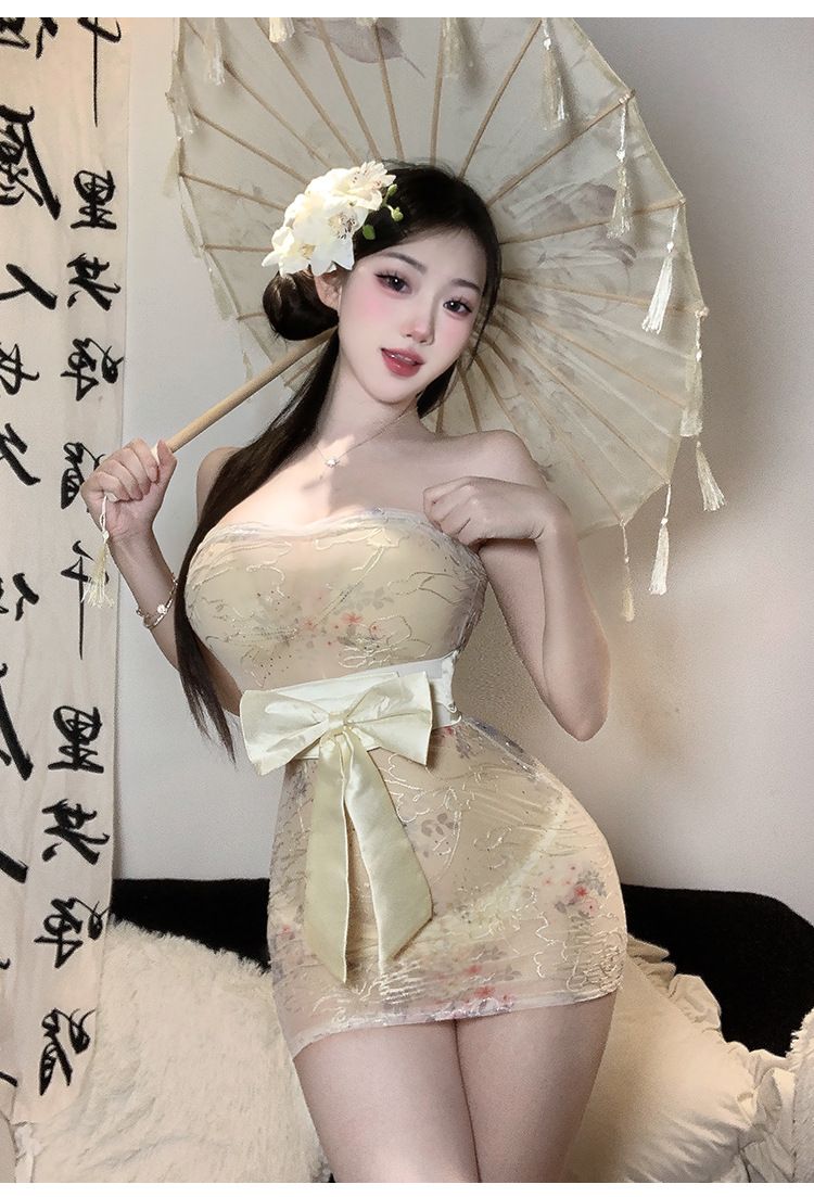 Sex Underwear Pure Desire Printing Perspective Kimono Sexy Tube Top Hip Nightdress Uniform Free Pajama Set_voghion.com