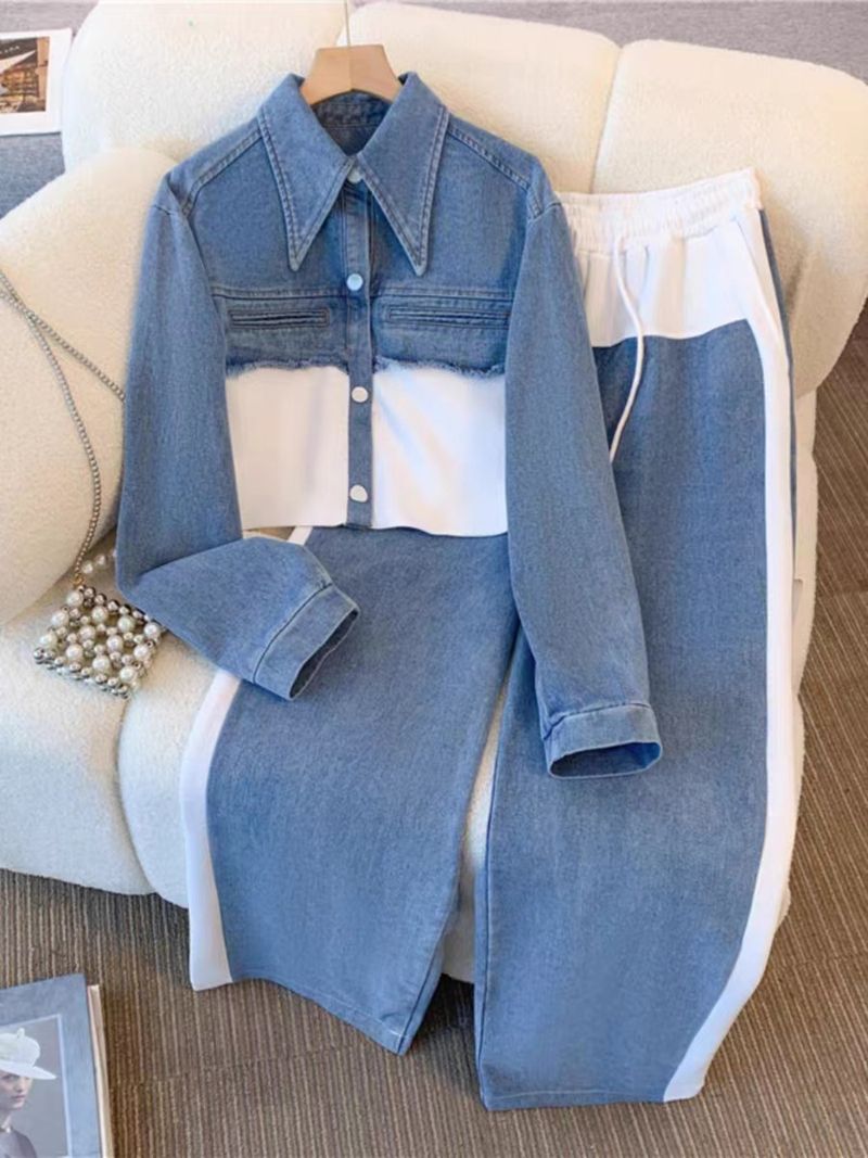 Dametøj moderigtigt patchwork denimjakke afslappet buksedragt med brede ben moderigtigt og stilfuldt jakkesæt i to dele_voghion.com