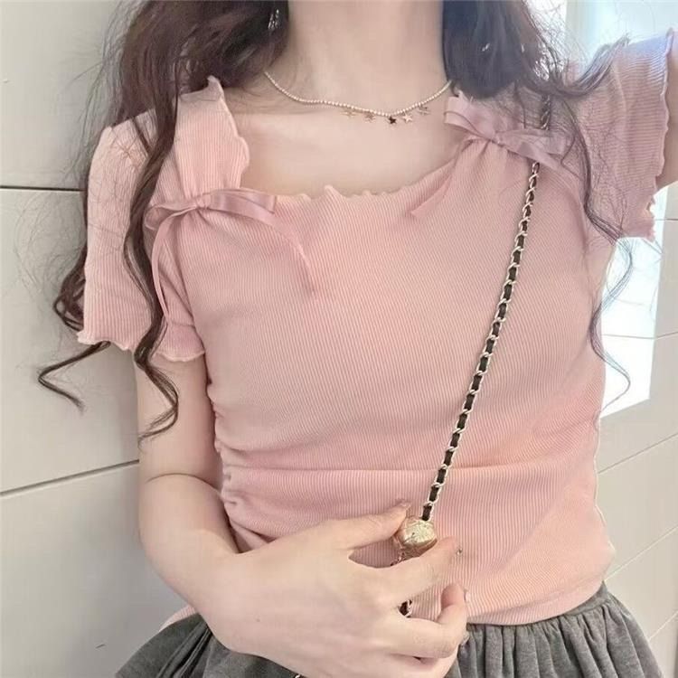 Maglietta estiva da donna con scollo quadrato e maniche a spalla, modello corto francese, vestibilità attillata, stile balletto rosa, dolce e piccante_voghion.com