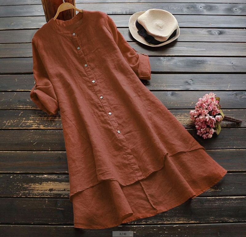 Women's Clothing Spring And Summer Solid Color Button Cotton And Linen Long Sleeve Long Shirt_voghion.com
