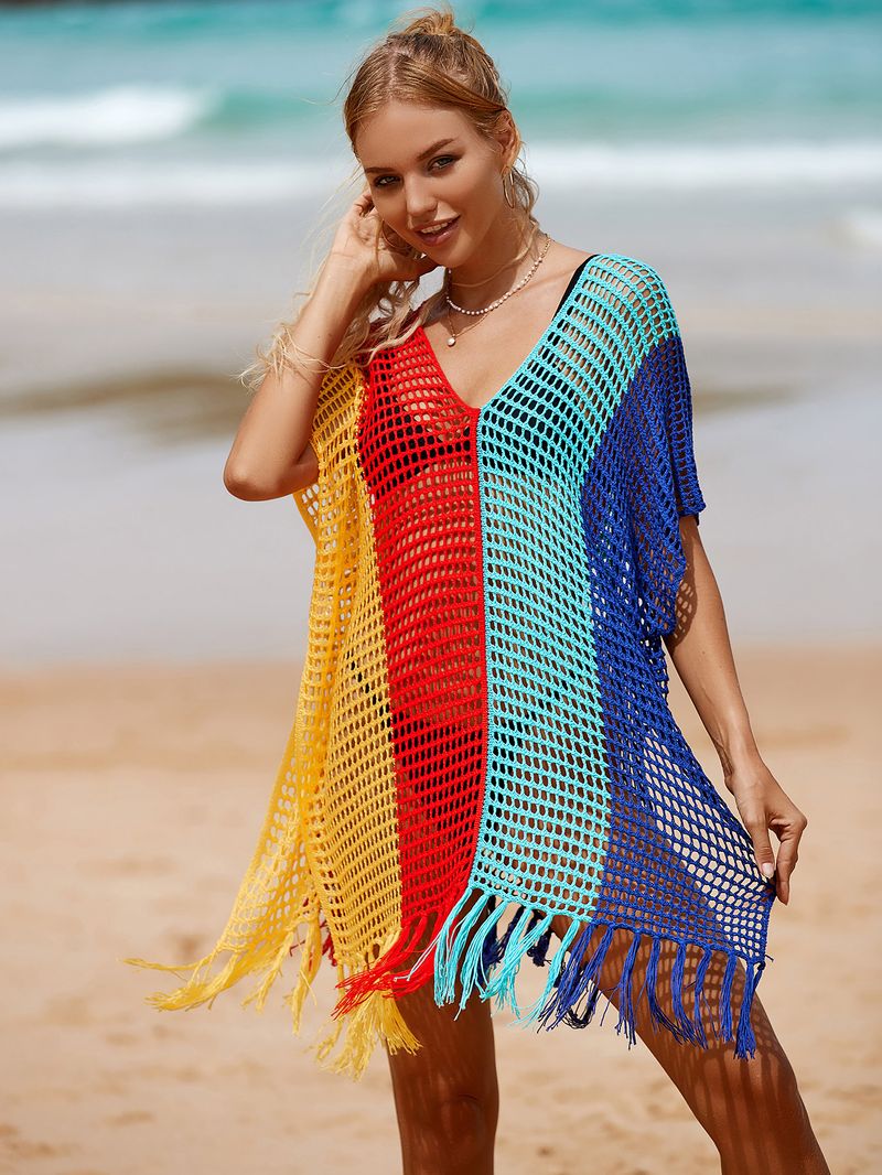 Damen Strandüberwurf, gestrickt, Regenbogenfarben, Urlaubsüberwurf, Strickpullover_voghion.com