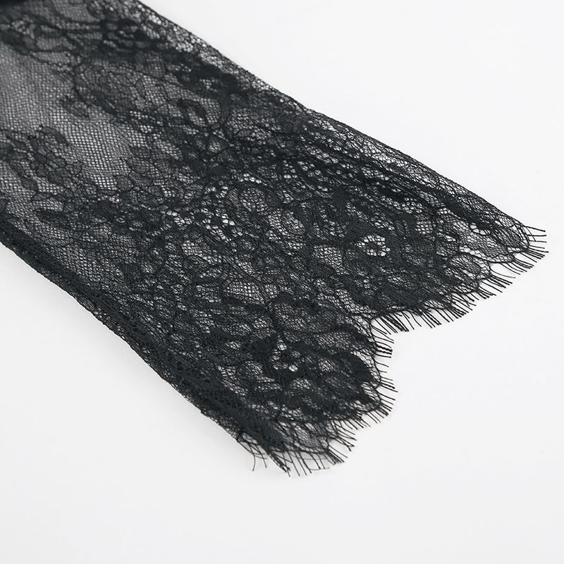 Damenbekleidung Sexy schwarzes durchsichtiges Kleid mit Spitze, Rundhalsausschnitt, langen Ärmeln und Schlitz, asymmetrisches Kleid, langes Kleid für den Sommer_voghion.com