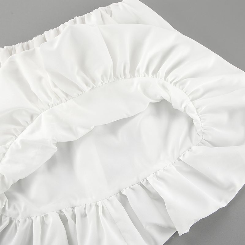 Gonna corta a palloncino a vita alta, modello A-line, bianca, a mezza lunghezza, per donna, estate 2024_voghion.com