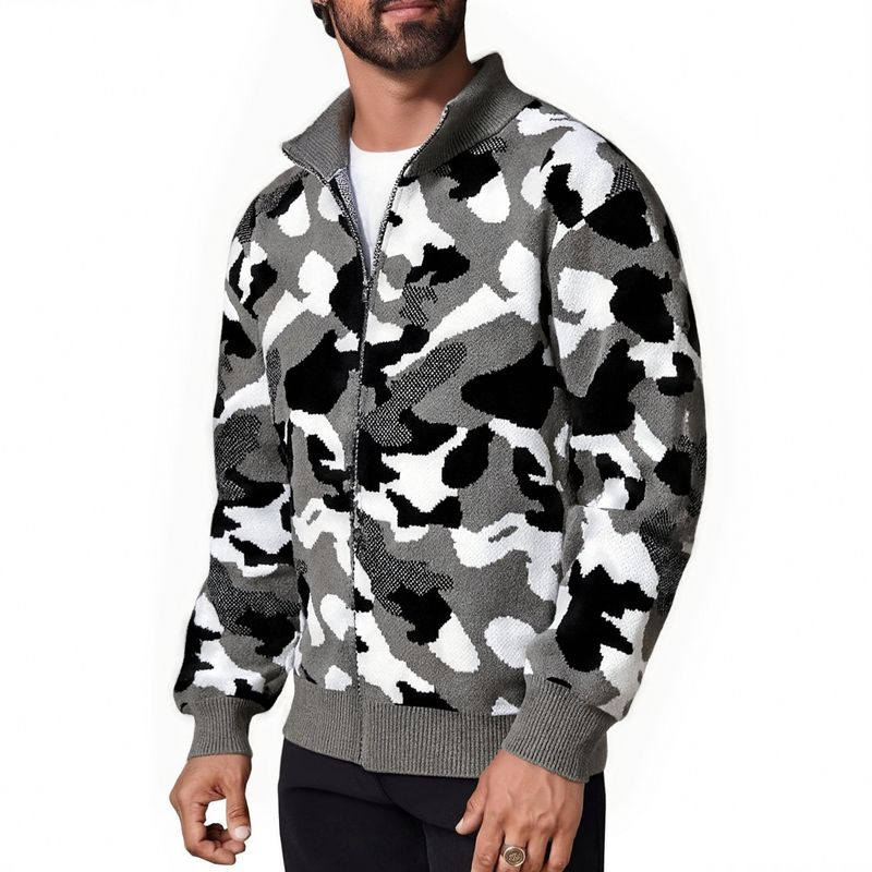 Men's Clothing Camouflage Knit Cardigan - Long Sleeve Casual Open Front Sweater With Stand Collar, Loose Fit, Warm & Breathable For Autumn & Winter_voghion.com