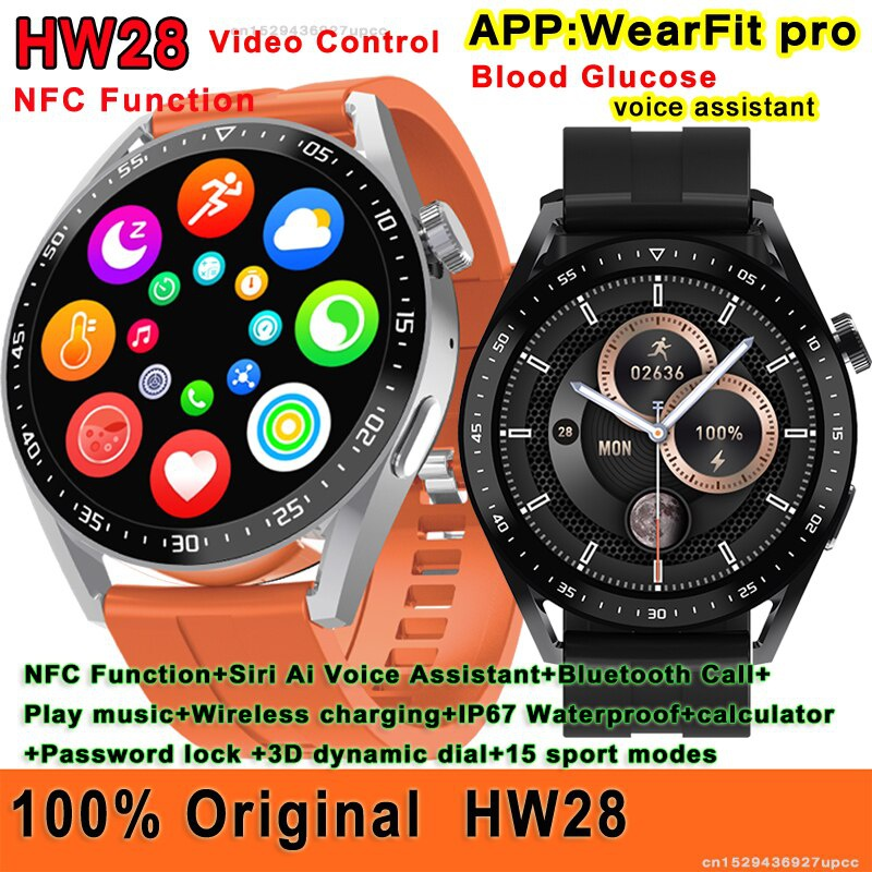 Oriģinālais HW28 viedpulkstenis video vadības NFC Ai balss palīgs Bluetooth zvanu mūzika bezvadu uzlāde asins cukura viedpulkstenis_voghion.com