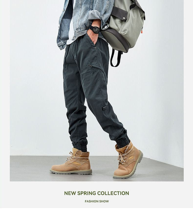 Men's Casual Cargo Pants - American Vintage Style Cotton Workwear Joggers With Elastic Cuffs, Comfortable & Durable For Spring & Fall_voghion.com